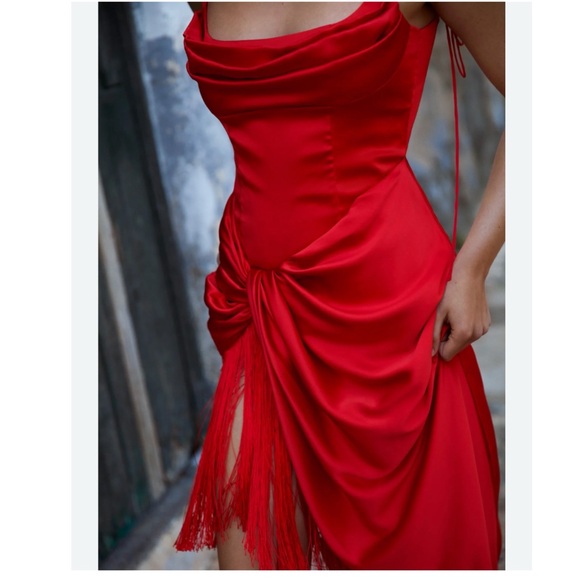 NWT For Love & Lemons Anisa Asymmetrical Silk Fringe Midi Dress - Picture 1 of 17